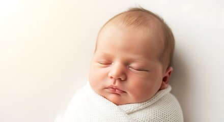 Close-up of adorable newborn baby sleeping peacefully wrapped in soft white fabric
