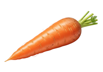 A single fresh orange carrot with green leafy top isolated on transparent background