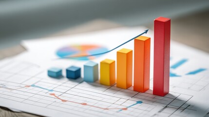 Colorful data visualization with rising bar graph and line chart showcasing business growth and analysis concept on financial documents and background