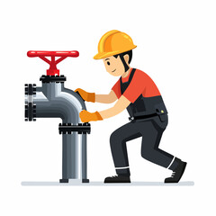 Industrial worker adjusting large valve in factory setting with protective gear and focused expression, highlighting safety and precision.