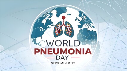 World Pneumonia Day 12 November awareness banner with blue tones, microscopic bacteria elements, lungs silhouette, and bold typography