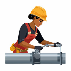 Female plumber tightening pipe fitting with wrench on construction site, showcasing skilled trade and hard work in a traditionally maledominated field.