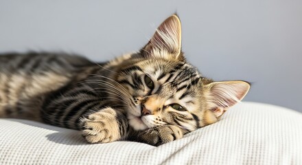Adorable tabby kitten napping peacefully on a soft white surface bathed in sunlight