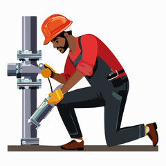 Construction worker sealing pipes in industrial setting with sealant gun, wearing hard hat and overalls, showcasing skilled labor and precision, demonstrating professionalism.