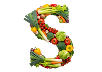 The letter s creatively formed by a vibrant assortment of fresh, colorful vegetables isolated on transparent background
