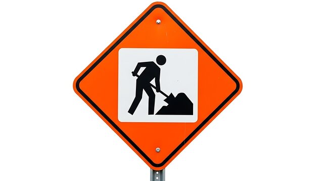 Safety symbol communicating an active construction work zone, emphasizing manual labor and the need for driver caution.