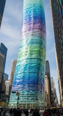 Obraz premium Tall contemporary skyscraper displays vibrant translucent wrapping across its cylindrical facade
