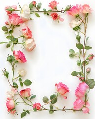 Pink and white roses arranged in a decorative frame on a white background