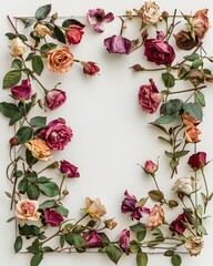 Arrangement of dried roses and leaves forming a border on a white background