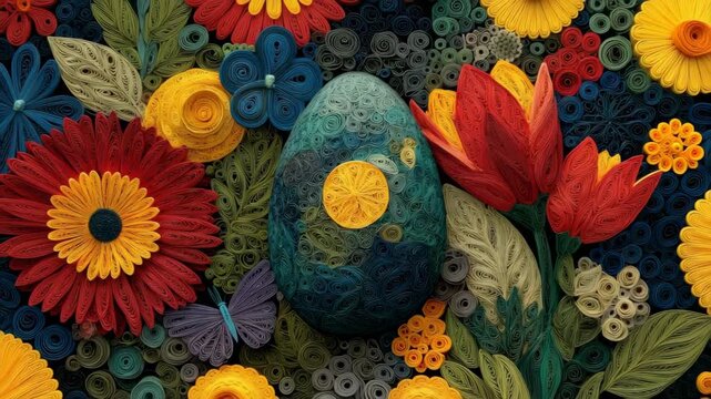 Intricate Paper Quilling Easter Egg with Colorful Flowers. Zoom Out Spring Art Animation for Holiday Greeting Card & DIY Craft Background