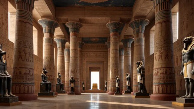 Magnificent Egyptian temple hall featuring rows of enormous sandstone columns with blue lotus capitals and hieroglyphic carvings. Ancient pharaoh statues flanking ceremonial pathway in historic monume