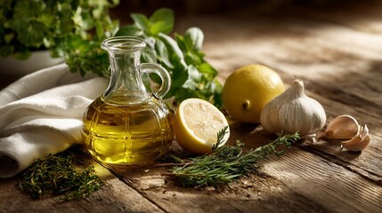 Fresh Mediterranean ingredients showcasing rustic olive oil, aromatic herbs, zesty lemon, and pungent garlic on weathered wooden surface