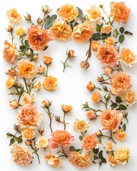 Assortment of peach and orange roses scattered on white background