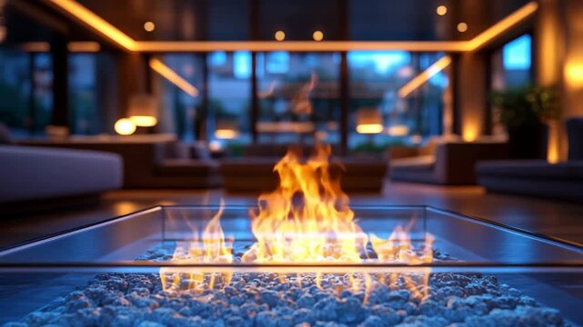 Luxury Modern Gas Fireplace Close Up with Blue Stones. Cozy Contemporary Living Room Interior with Bio Ethanol Flame.