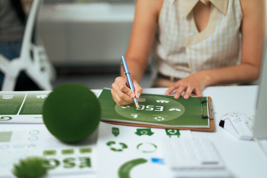 Professional woman researching ESG corporate sustainable strategy