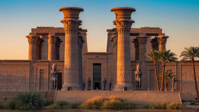 Ancient Egyptian temple with massive carved columns and hieroglyphics at sunset by water. Historic sandstone monument featuring pharaoh statues, palm trees, and reflecting pool in golden evening light
