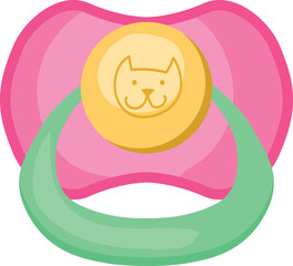 A pink and green pacifier with a cat on it