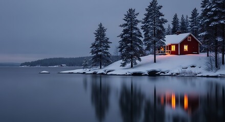 Escape to a cozy winter cabin retreat on a snowy lakeside, promising peace and serenity for holiday getaways and picturesque travel experiences