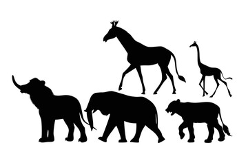 African Wildlife Silhouette Group on White elephant