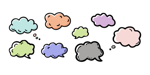 Assorted pastel speech bubbles with dark outlines thought bubble