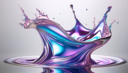 a dynamic splash of iridescent liquid metal shimmering with purple blue and silver hues frozen in motion against a soft neutral background