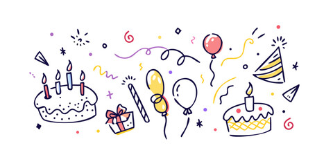 Birthday doodles with cakes balloons and party hat