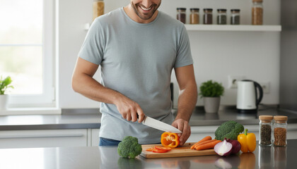 Man preparing healthy food in his kitchen surrounded by vegetables