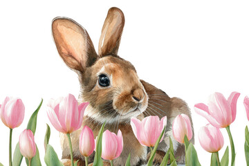 Watercolor painting of a cute brown bunny rabbit sitting among pink tulip flowers isolated on transparent background, a charming spring illustration
