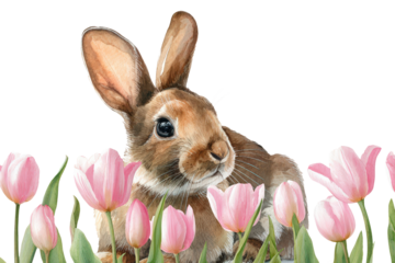 Watercolor painting of a cute brown bunny rabbit sitting among pink tulip flowers isolated on transparent background, a charming spring illustration