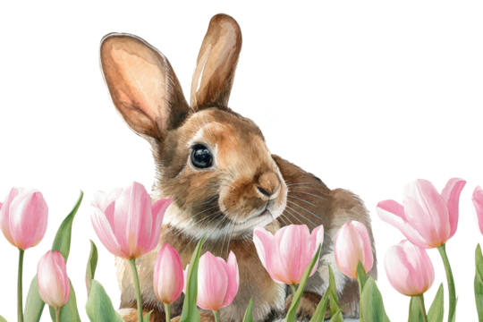 Watercolor painting of a cute brown bunny rabbit sitting among pink tulip flowers isolated on transparent background, a charming spring illustration