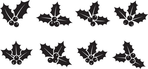classic black and white silhouette set  of a holly sprig with berries for merry christmas holiday, minimal festive icon, solid black silhouette,  Clean & simple holly leaves decorations, 
