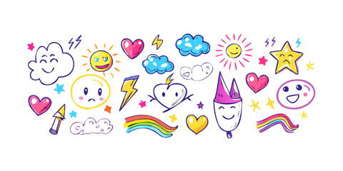 Bright cartoon doodle icons with happy and sad faces