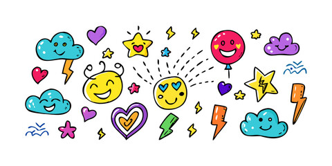 Bright cartoon doodle icons with smiling faces and hearts