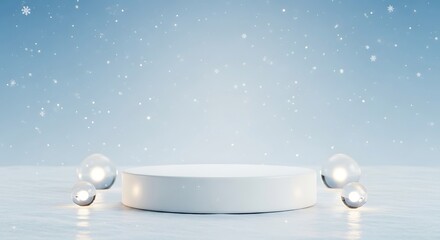 Elegant winter product showcase with snowy backdrop and glowing orbs for holiday promotions and festive marketing campaigns during the Christmas season