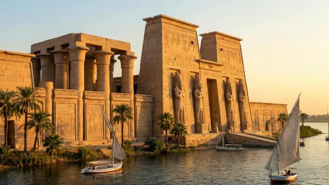 Ancient Egyptian temple with massive carved columns and hieroglyphics at sunset by water. Historic sandstone monument featuring pharaoh statues, palm trees, and reflecting pool in golden evening light