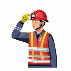 Smiling construction worker adjusts his hard hat on a building site, ensuring safety and precision in his work with a positive and professional attitude.