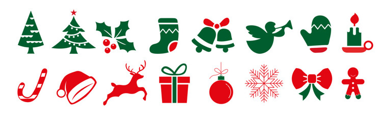 A collection of red and green flat design Christmas icons, including trees, reindeer, gifts, and snowflakes, arranged in two rows.