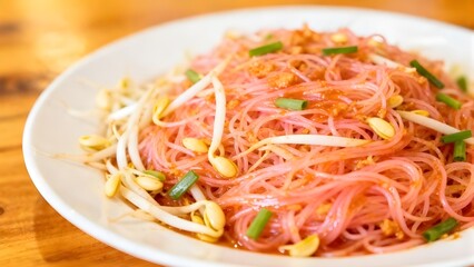 Stir fry rice vermicelli with Yen Ta Fo sauce.Pink sweet and sour thin rice noodles in white plate.Most popular and well known noodle dishes in Thailand