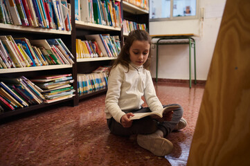 Young Girl Reading a Book in a School Library, Focused on Learning and Knowledge