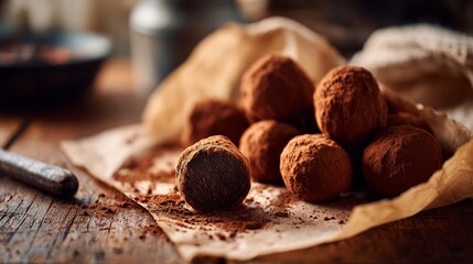Decadent chocolate truffles dusted with cocoa powder, artfully arranged on rustic parchment paper, showcasing rich texture and gourmet dessert craftsmanship in warm, inviting tones