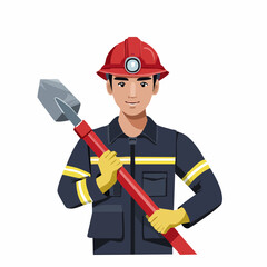 Smiling firefighter holding shovel stands confidently in front of fire station ready for action, showcasing bravery and dedication to community safety.