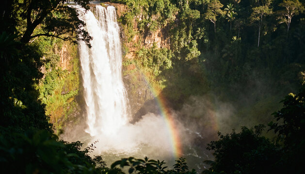 Powerful waterfall in a tropical jungle with a beautiful rainbow arching - Powered by Adobe