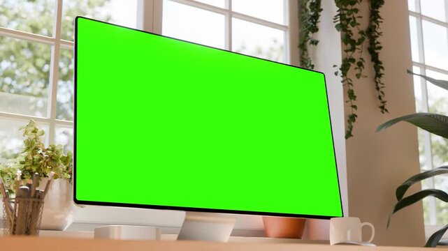 Computer monitor green screen mockup &ndash; left perspective close-up view with smooth upward-right camera move in bright home office with large windows and plants &ndash; tracking clip & luma matte included