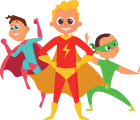 Three children dressed as superheroes are standing together