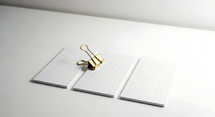Minimalist office supplies concept with blank grid paper notepads and a golden binder clip on a clean white background