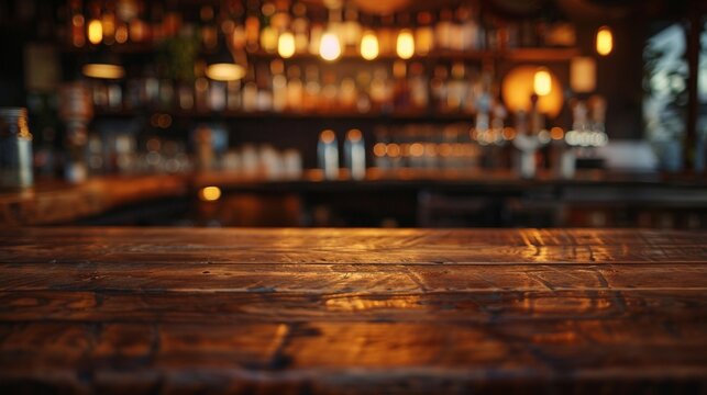 Warm, inviting bar scene with rustic wooden table in foreground, blurred amber-lit bottles and glasses creating atmospheric background ambiance