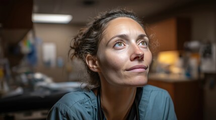 Femme médecin pensive regardant vers le haut dans un environnement médical