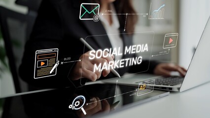 Social media marketing strategy with engagement metrics. Social marketing boosts media visibility. Social media marketing drives traffic. Social media marketing increases engagement. Muxer
