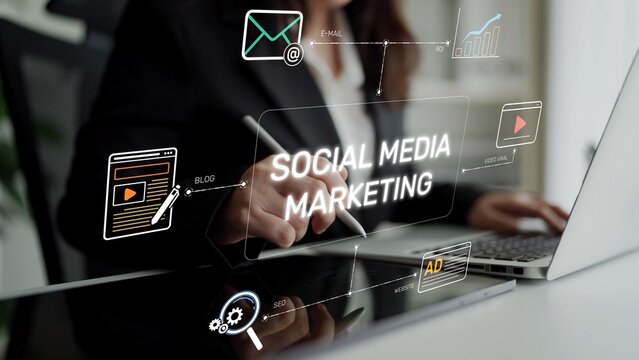 Social media marketing strategy with engagement metrics. Social marketing boosts media visibility. Social media marketing drives traffic. Social media marketing increases engagement. Muxer