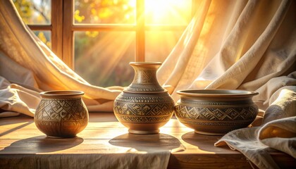 A still-life scene with handmade ceramics, linen fabric, warm sunlight and soft quiet shadows.
